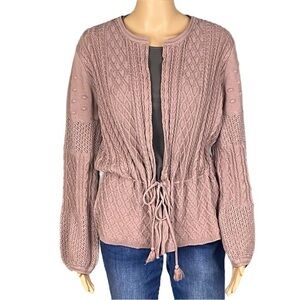 LUCKY BRAND Blush Pink cable/mixed knit cardigan with built-in belt Size XL EUC